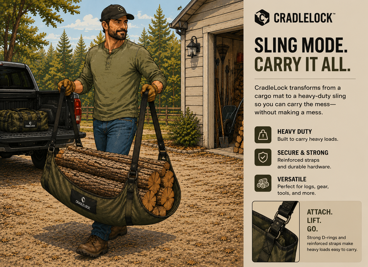 Cartoon illustration of CradleLock in sling mode carrying heavy logs with the flexible chassis cradling the load