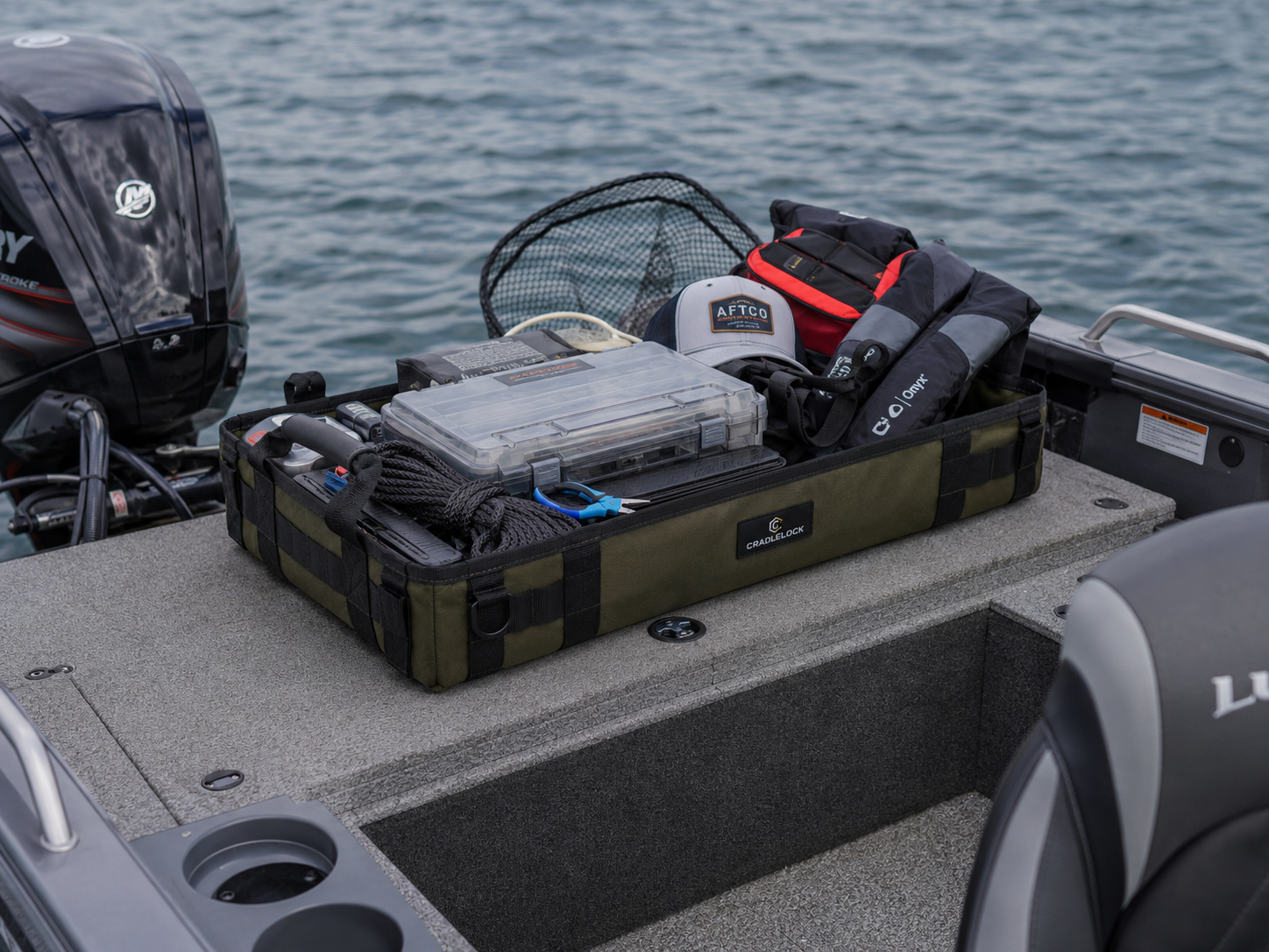 CradleLock on a boat holding fishing supplies, ropes, and boating gear