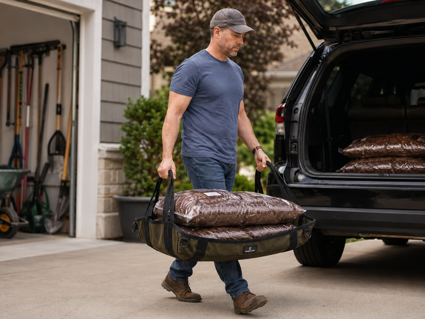 CradleLock carrying heavy mulch bags out of an SUV after a garden center run