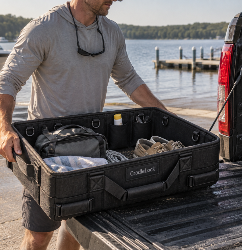 Carrying CradleLock from a pickup tailgate at a lake dock