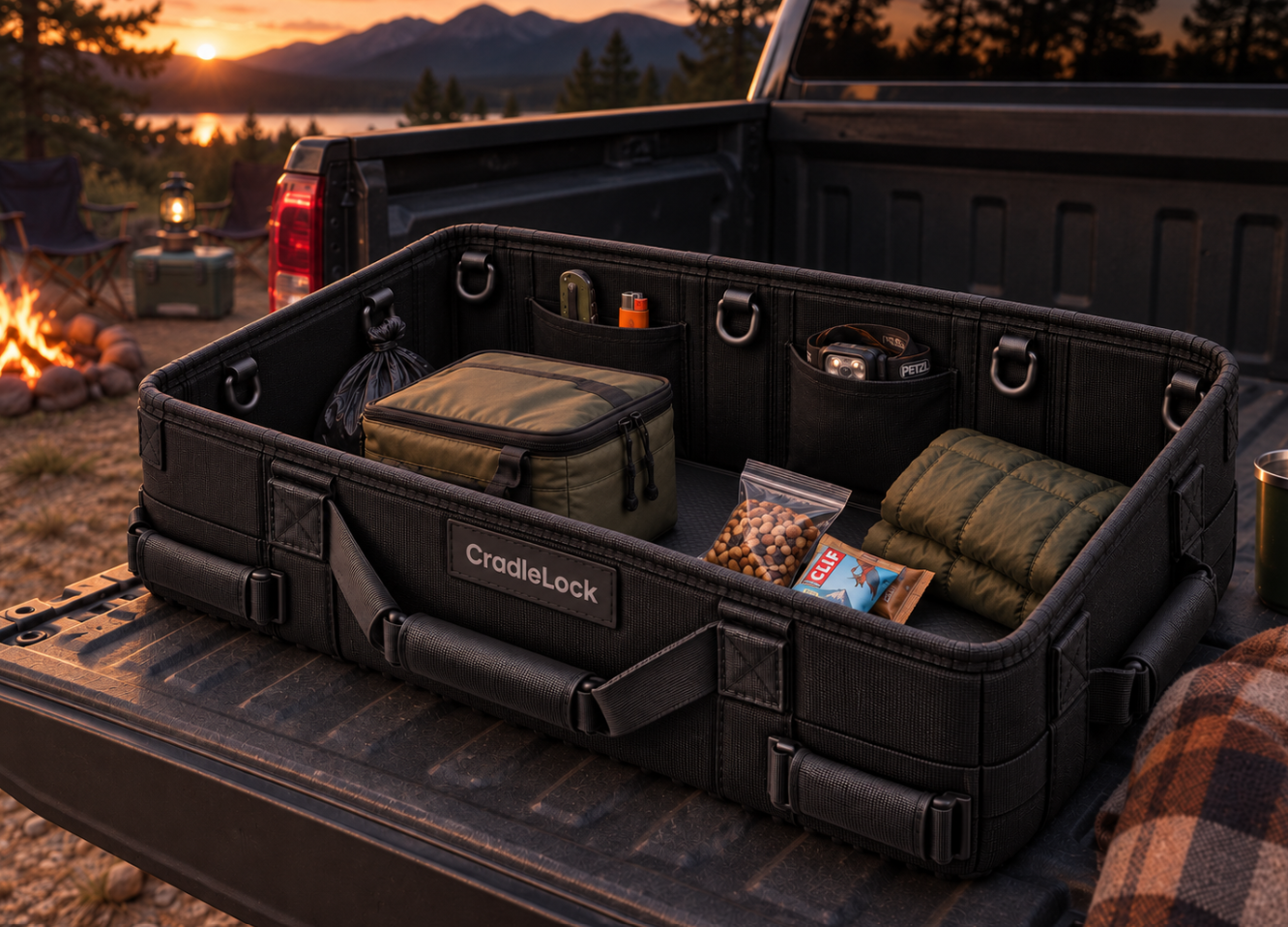 CradleLock on a truck tailgate at camp with a compact overnight load