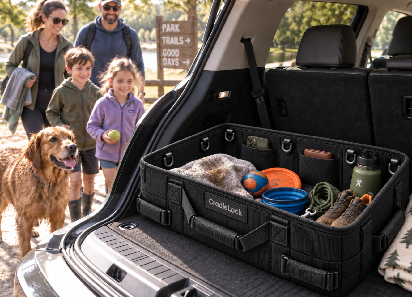 Dog-park kit in CradleLock with family and golden retriever outside the SUV