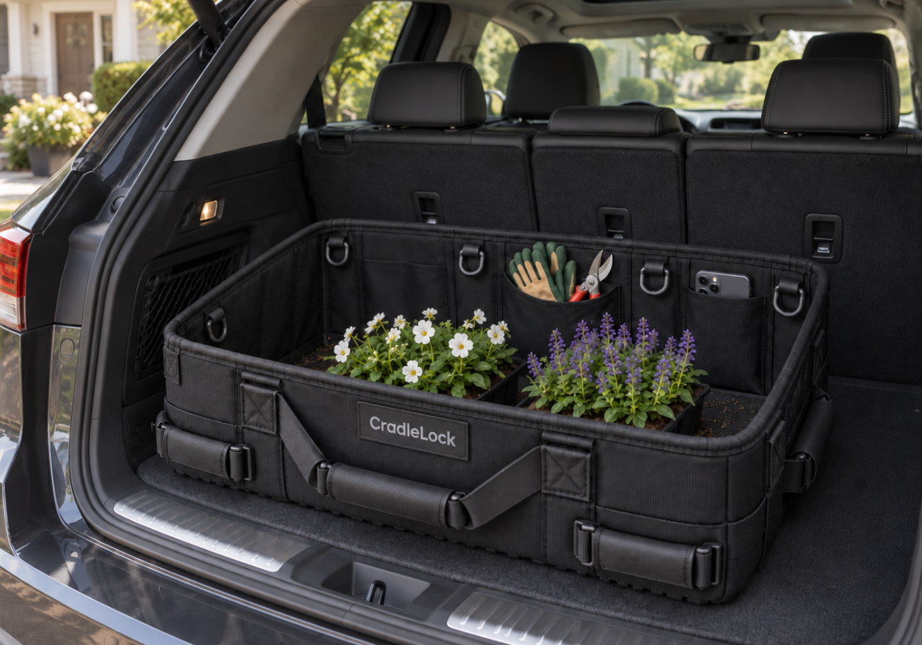 Plant flats and garden tools contained in CradleLock in an SUV