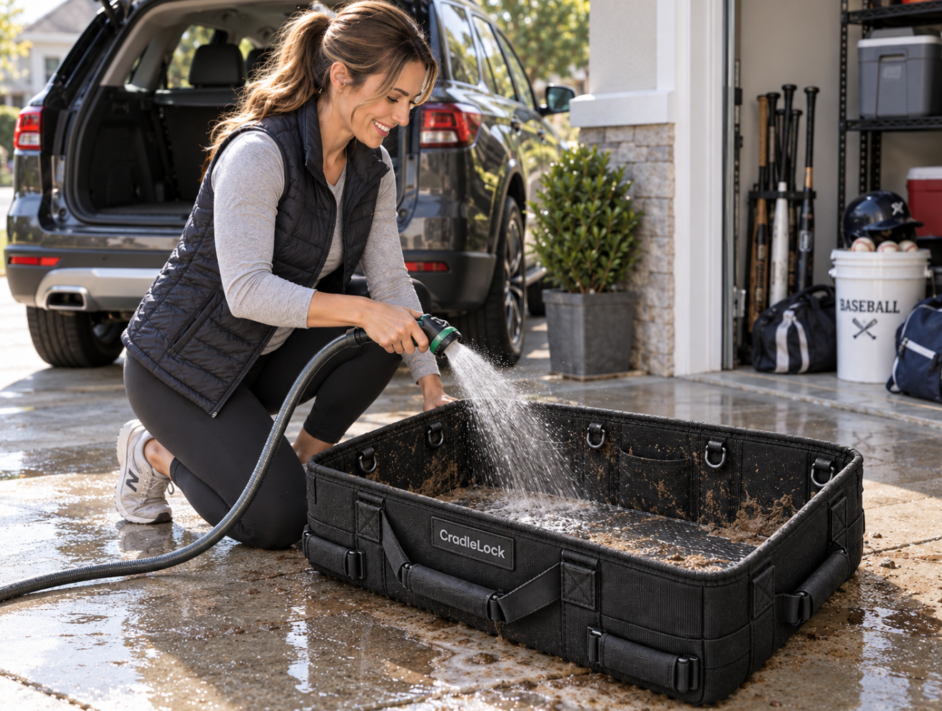 Hosing mud and sand out of the CradleLock waterproof floor on a driveway
