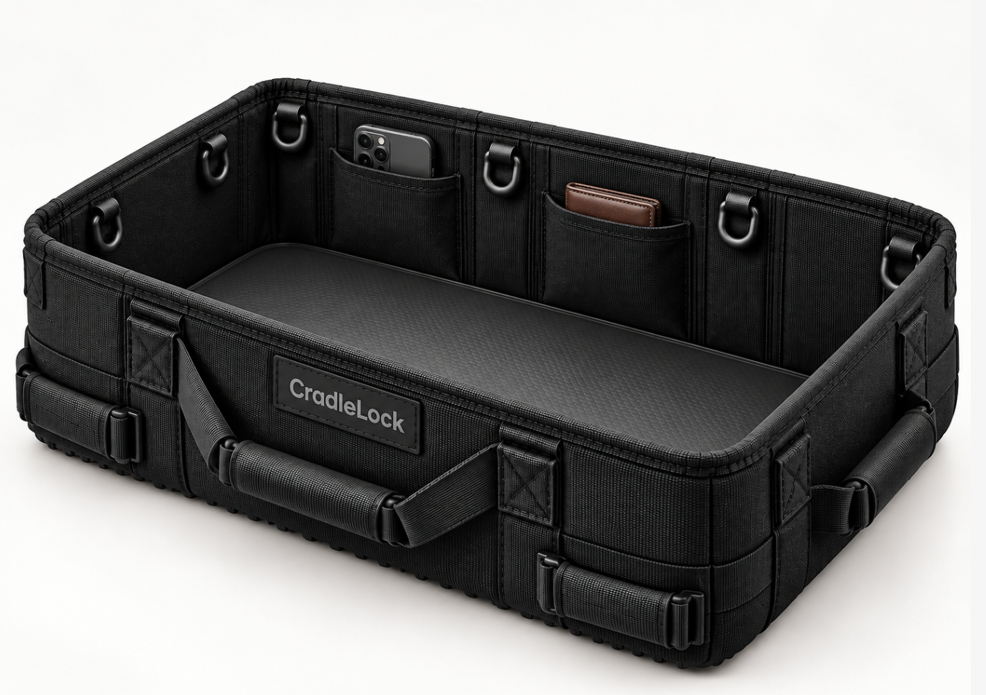 CradleLock product overview with open-loop hooks, padded handles, pockets, and structured walls