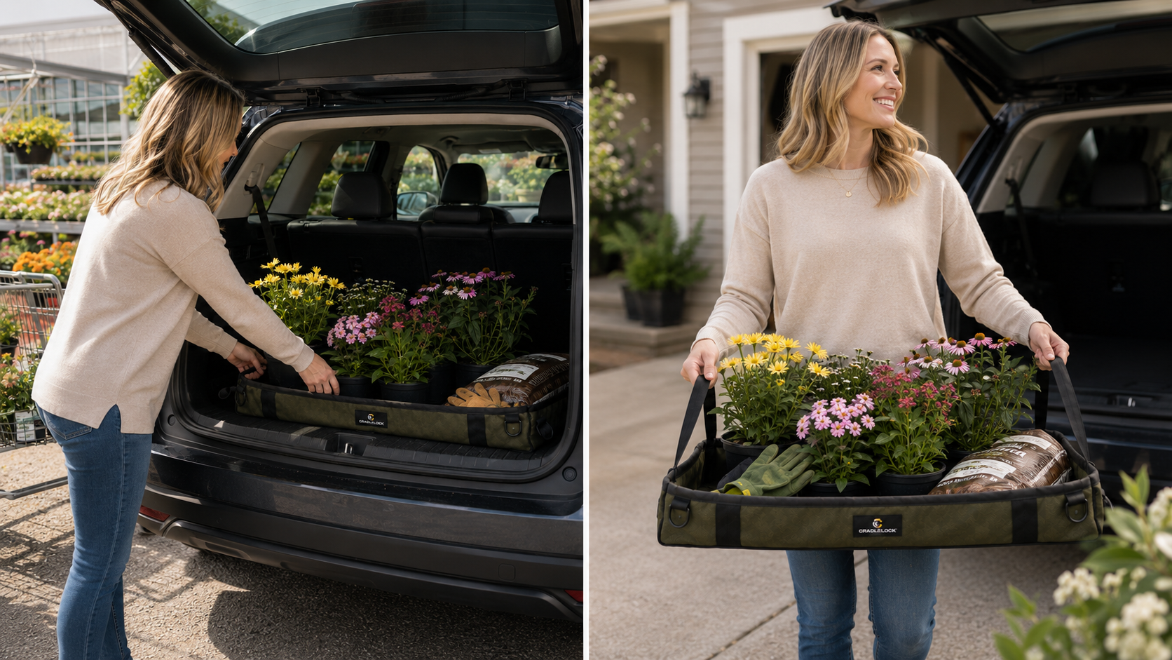 CradleLock loaded with garden center flowers, mulch, soil, and tools in a clean SUV cargo area