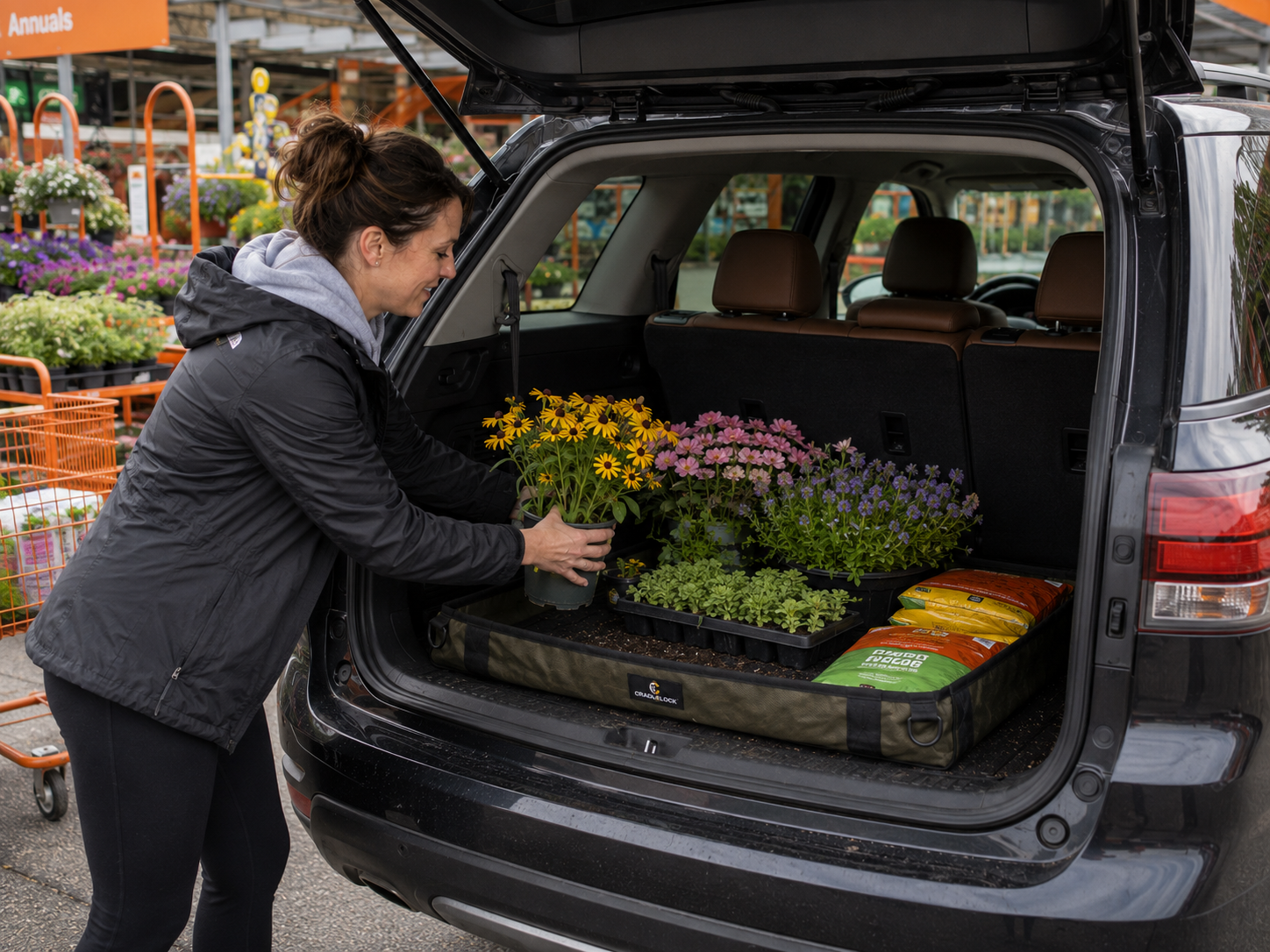 Flowers, mulch, and garden supplies inside CradleLock in an SUV cargo area
