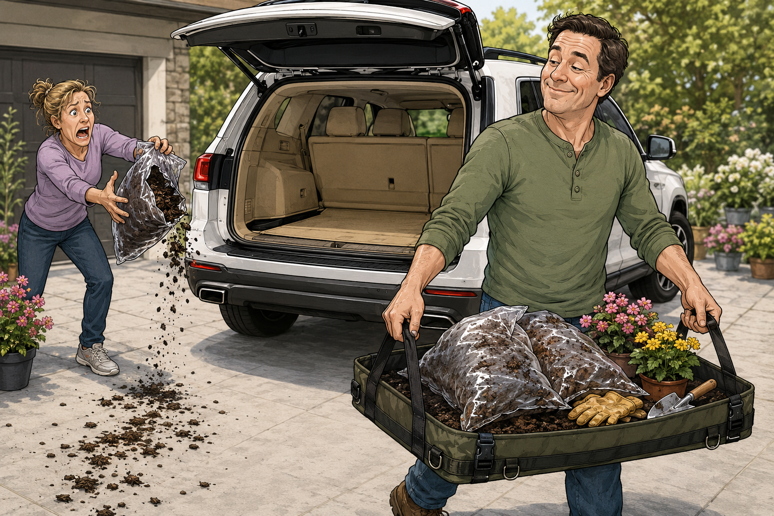 Cartoon showing mulch and soil mess avoided by CradleLock cargo mat and carry cradle