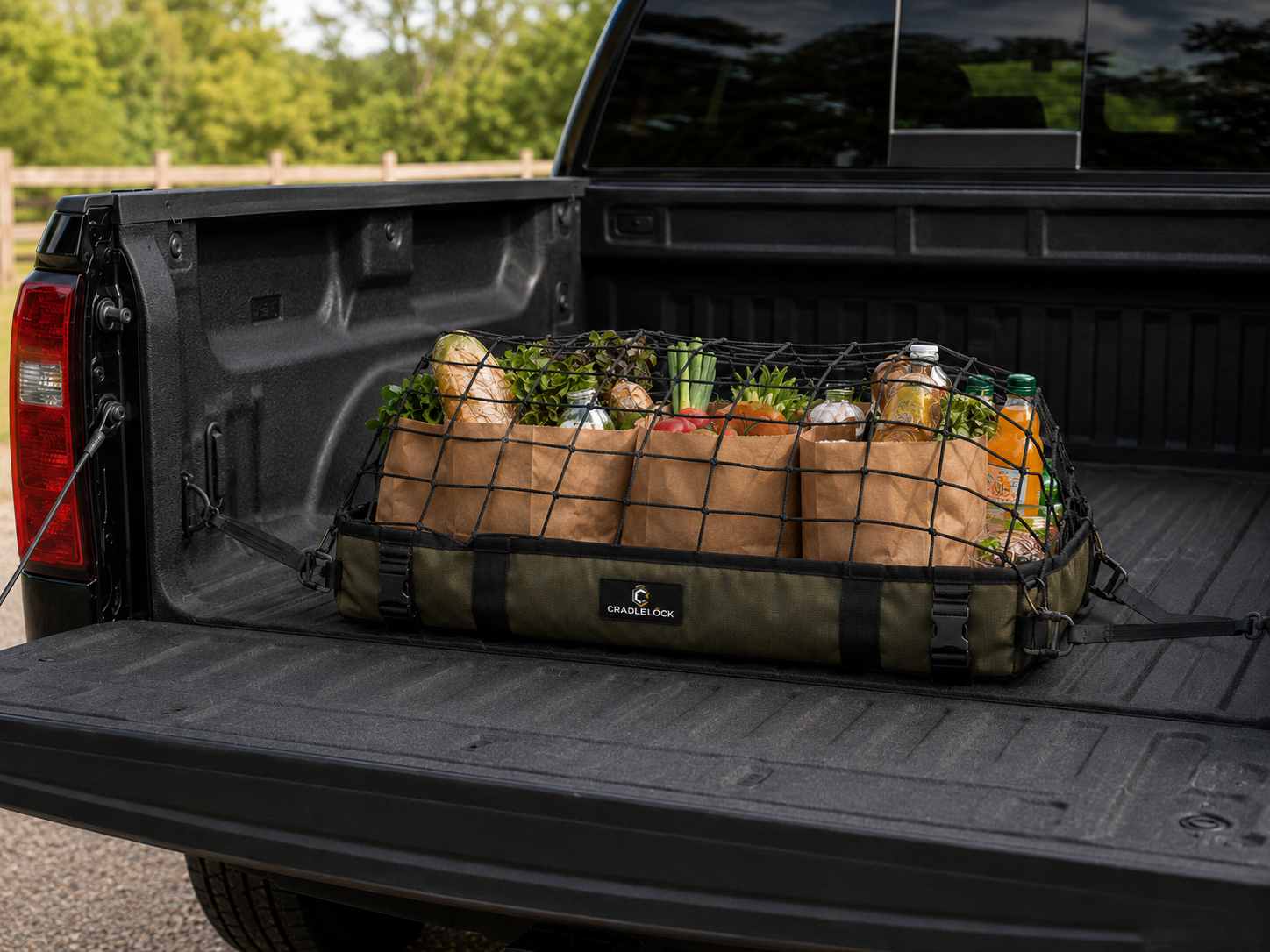 CradleLock truck bed cargo containment with net over grocery bags