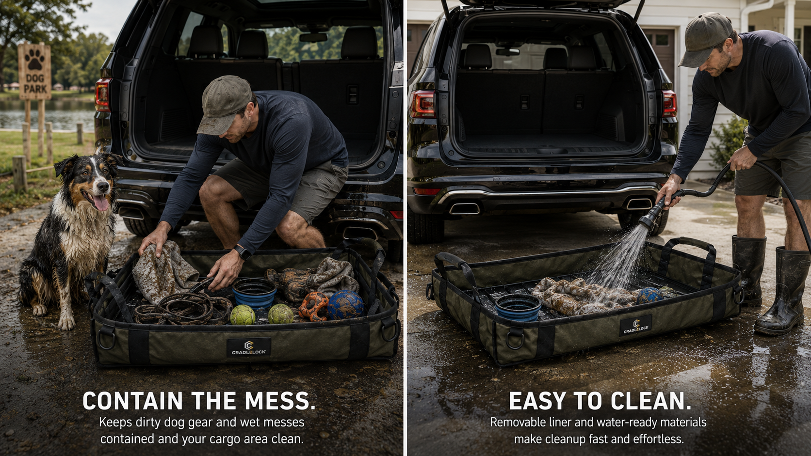 Muddy dog park gear and towels contained in CradleLock inside a vehicle