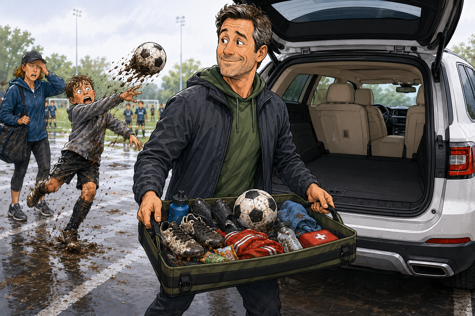 Cartoon showing muddy sports gear contained by CradleLock after a rainy youth sports game